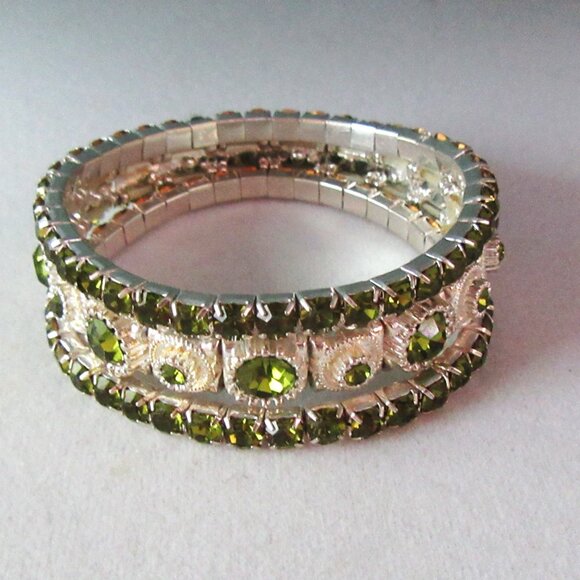 Peridot green rhinestone stretch bracelets - set of 3 - silver tone bands - Picture 1 of 6
